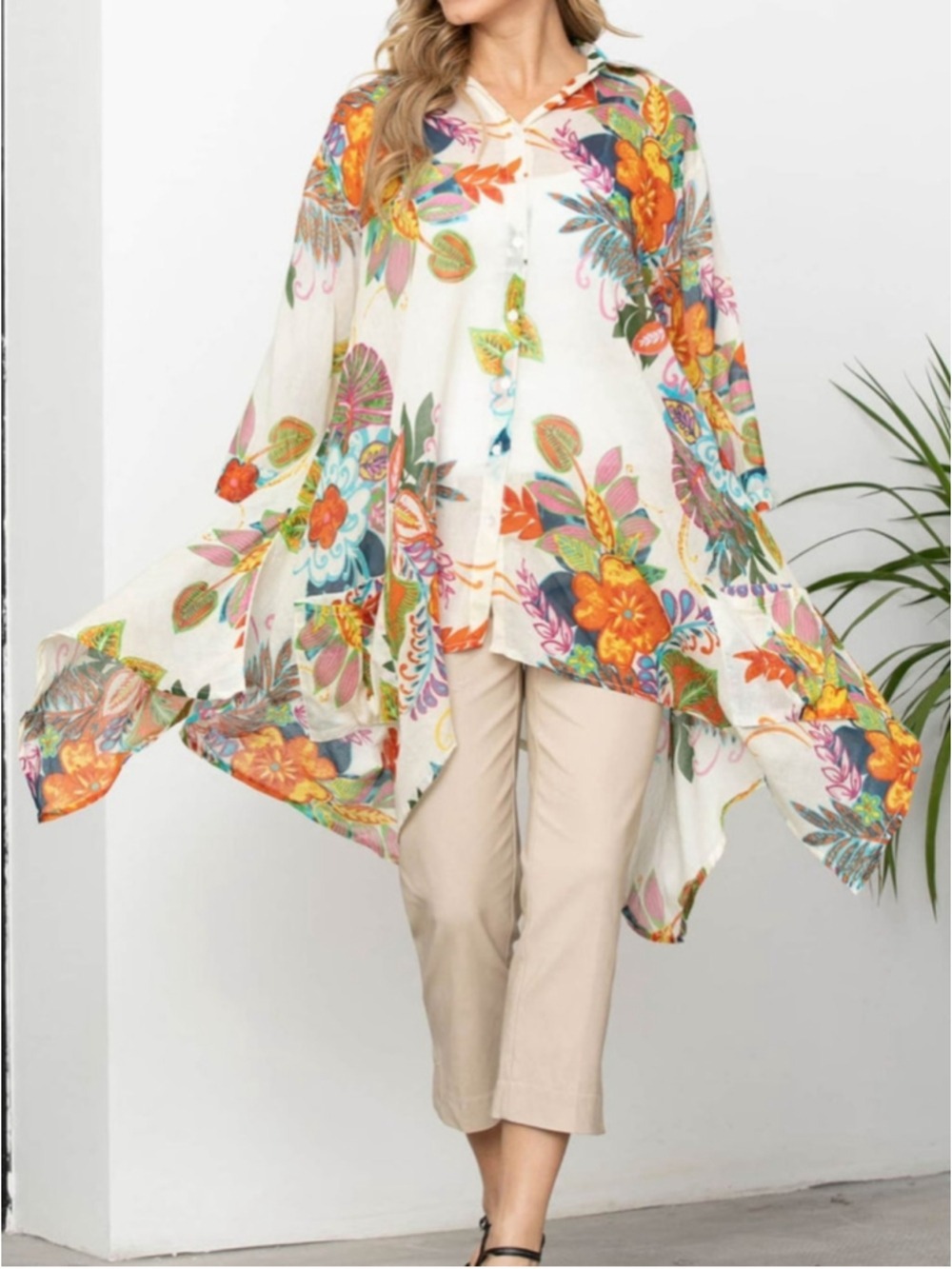 Orange Fashion Village Floral Tunic One Size Flowy Button Down handkerchief